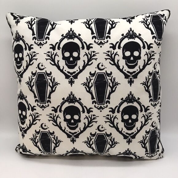 Skeleton Skull & Coffins Whimsigoth Throw Pillow Black White Gothic Decor 15" - Picture 2 of 8